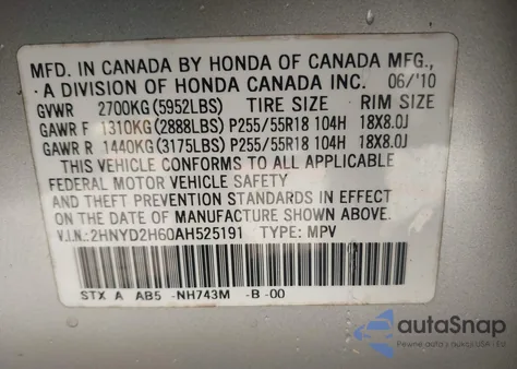 2010 Acura Mdx Technology Package z USA, uszkodzony, nr VIN 2HNYD2H60AH525191